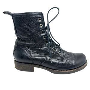 FRYE Veronica Black Leather Combat Moto Biker Boho Lace-Up Boots - Women’s Sz 8